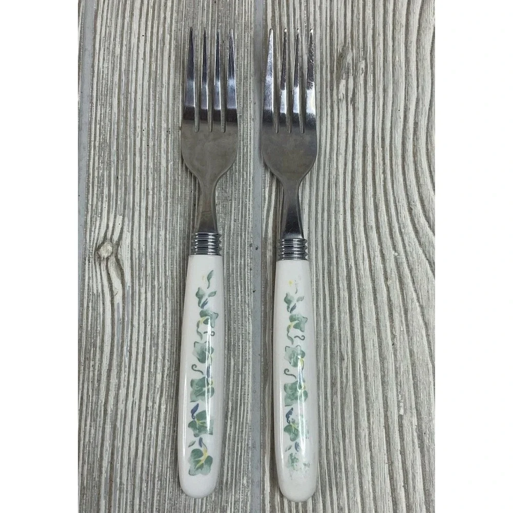 VTG Stainless Steel Forks Ceramic Ivy Leaf Pattern Handle Set of 2 White Green